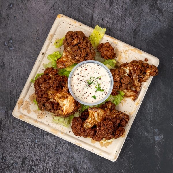 Crispy roasted cauliflower florets with a side of creamy white dipping sauce, garnished with herbs and spices.